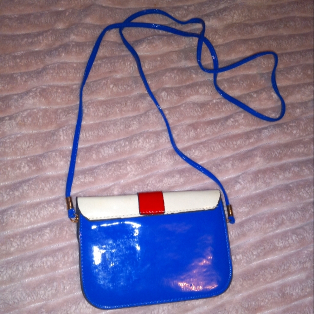 💄Vintage Retro 80s Red White and Blue Patent Crossbody Bag Rockabilly - Picture 3 of 4